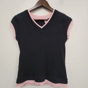 Vintage Deb Womens V Neck Y2K Baby Tee Shirt Size M Black Pink Emo Goth Grunge